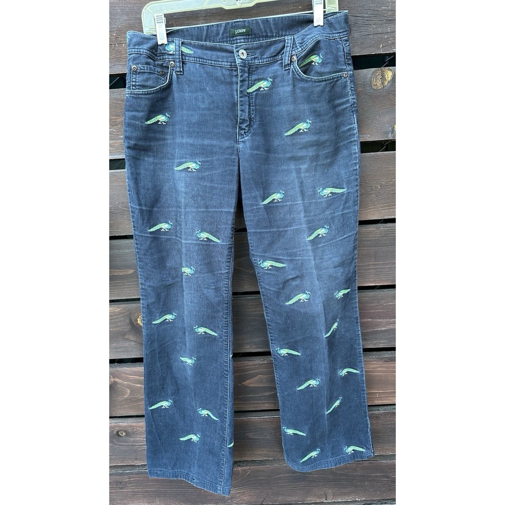 Vintage J Crew Corduroy Pants W/Embroidered‎ Peacock Design Boot Cut Size 8